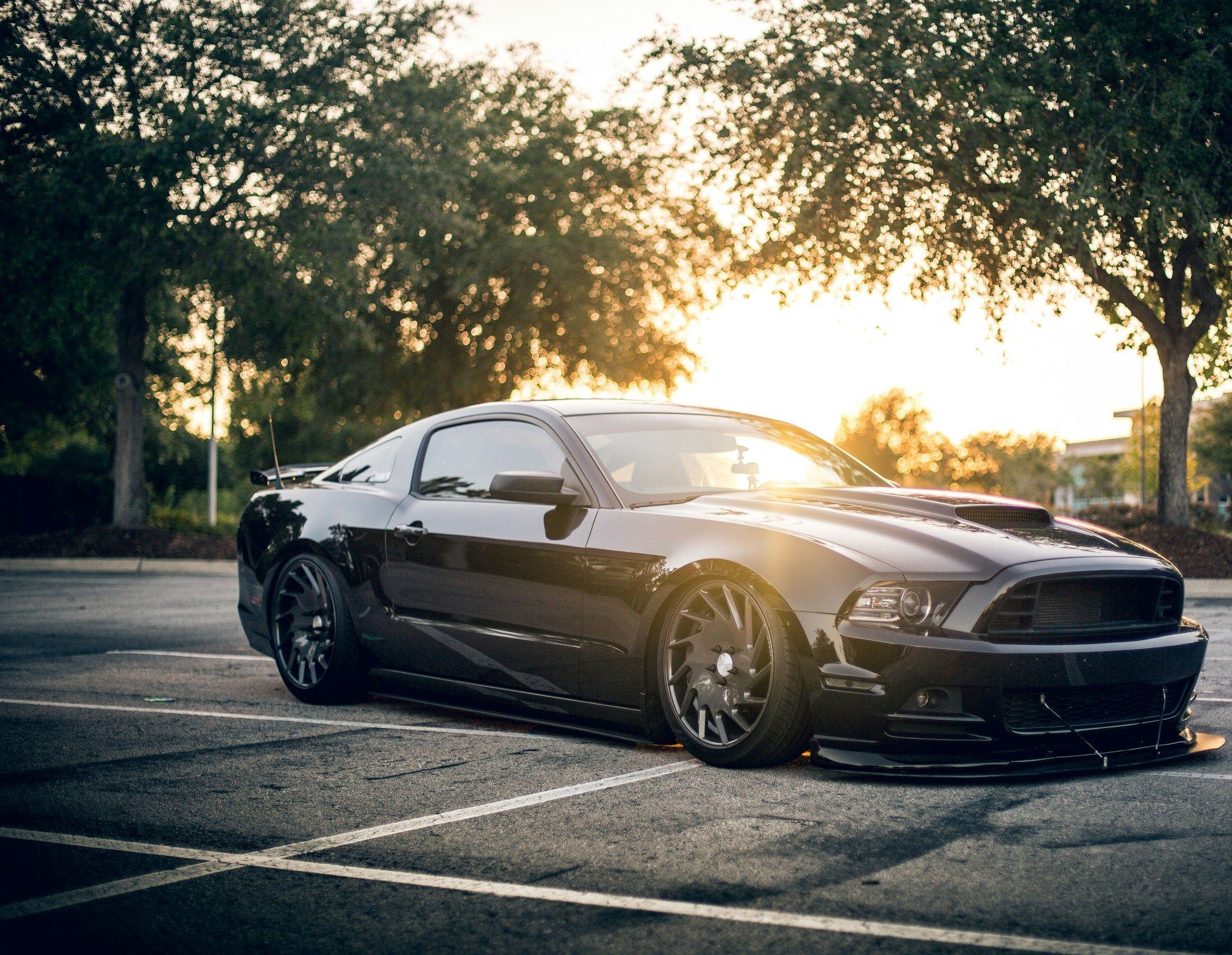 Freshly detailed black coupe in a parking lot at golden hour